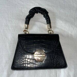Chic Black Croc-Embossed Mini Bag with Gold Accents